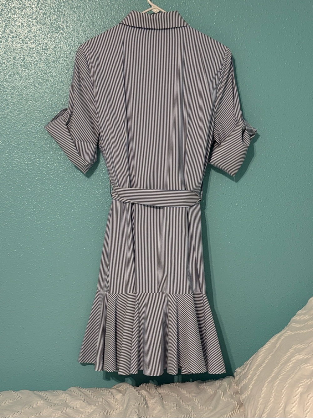 ANTONIO MELANI White and Navy Striped Midi Shirt Dress classic nautical belted - Picture 7 of 9